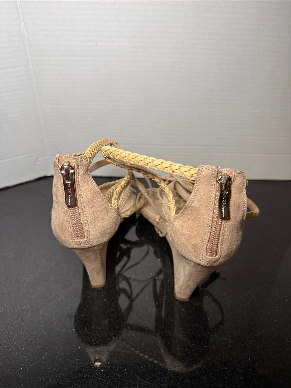 BCBGeneration Taupe Faux Suede Wedge Sandals Braided Straps Size 8.5